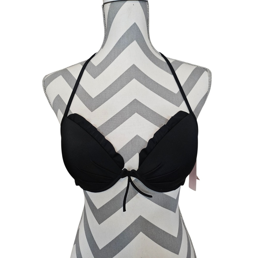 Victorias Secret Black Ruffle Push Up Bikini Top 32C Underwire String Halter NWT